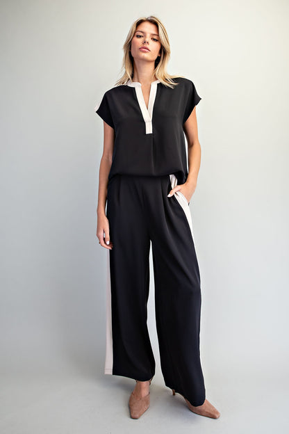 Contrast Trim Split Neck Top