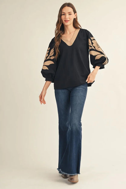 V-Neck with Color Contrast Neckline Top