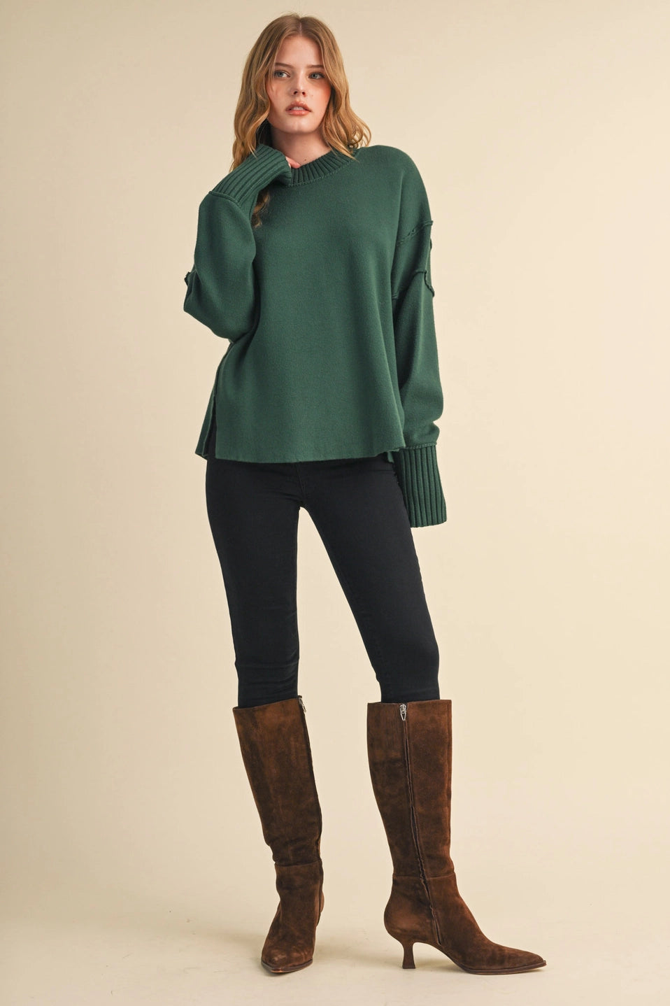 Drop Shoulder Long Sleeve Ribbed Sweater