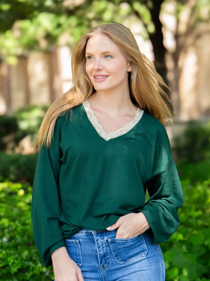 V-Neck Top with Lace Trim | 3 Colors Available