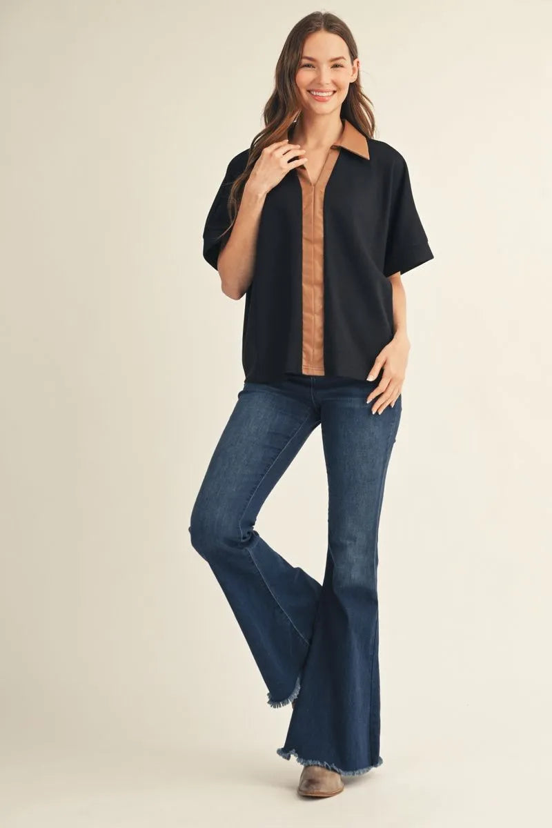 Black Top with Faux Leather Collar