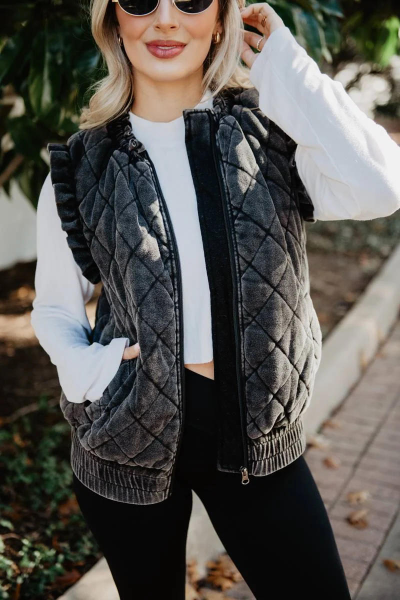 Garment Washed Quilted Ruffle Sleeve Vest