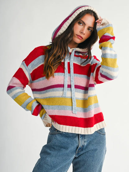 Multi Stripe Knit Hoodie Sweater