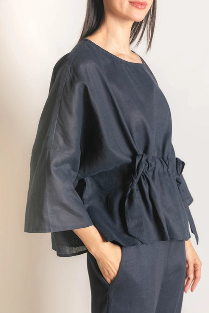 Washed Linen Half Sleeve Waist Tie Top
