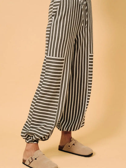 Waist Strap Tie Stripe Parachute Pants