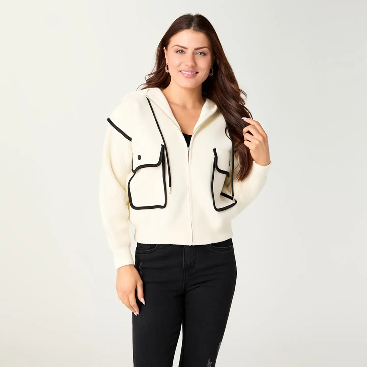 Zip Front Hoodie with Piped Trim