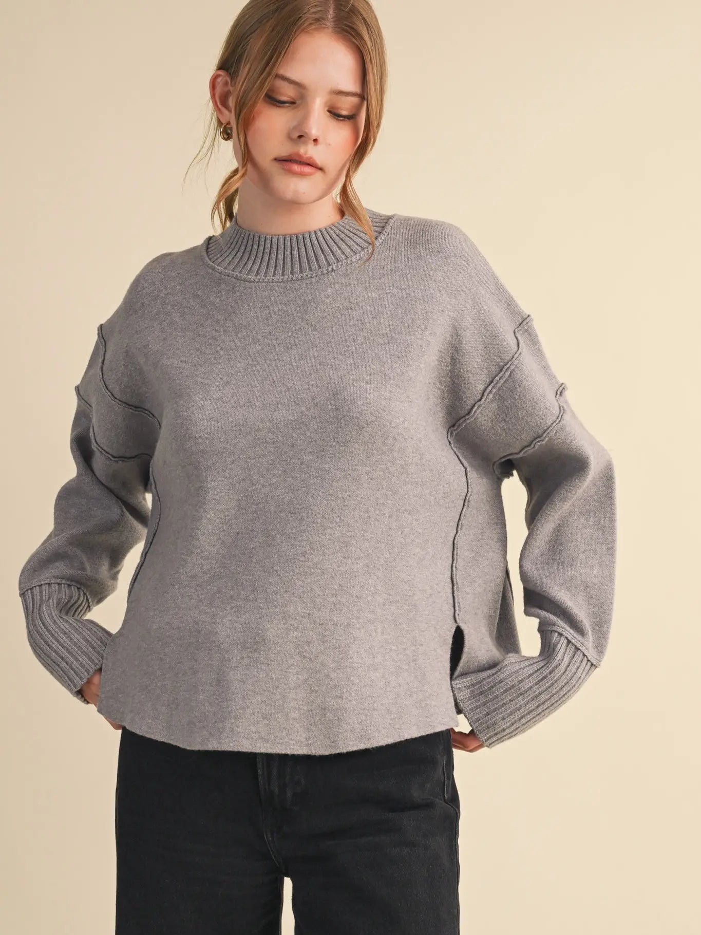 Drop Shoulder Long Sleeve Ribbed Sweater
