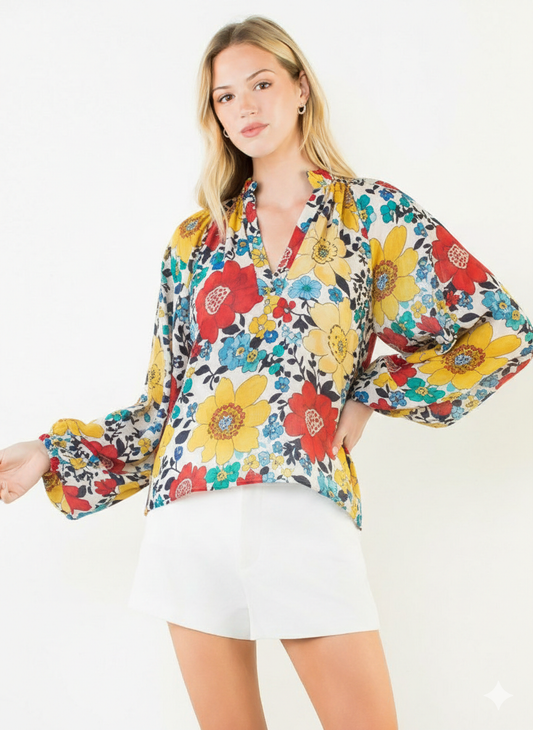 Long Sleeve Floral Print Ruffled Collar V Neck Top