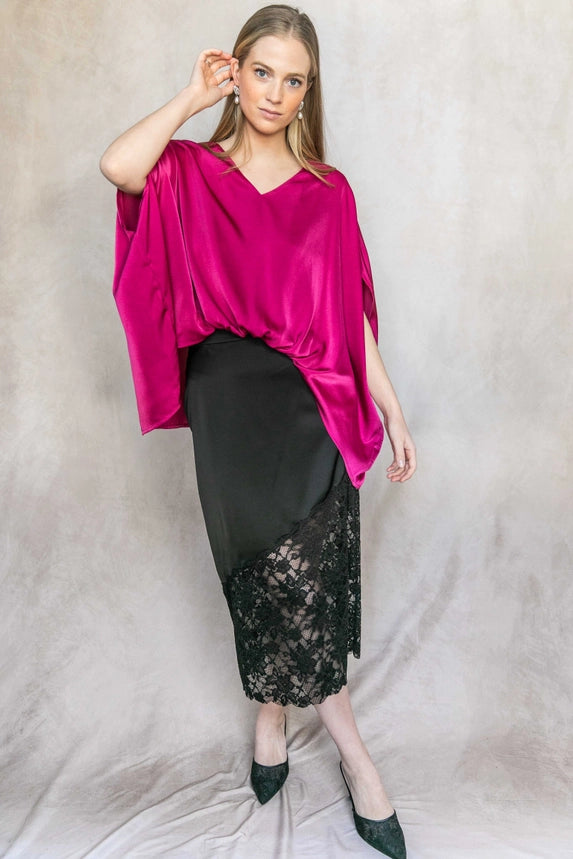 Satin Solid V-Neck Front Waist Elastic Flowy Top
