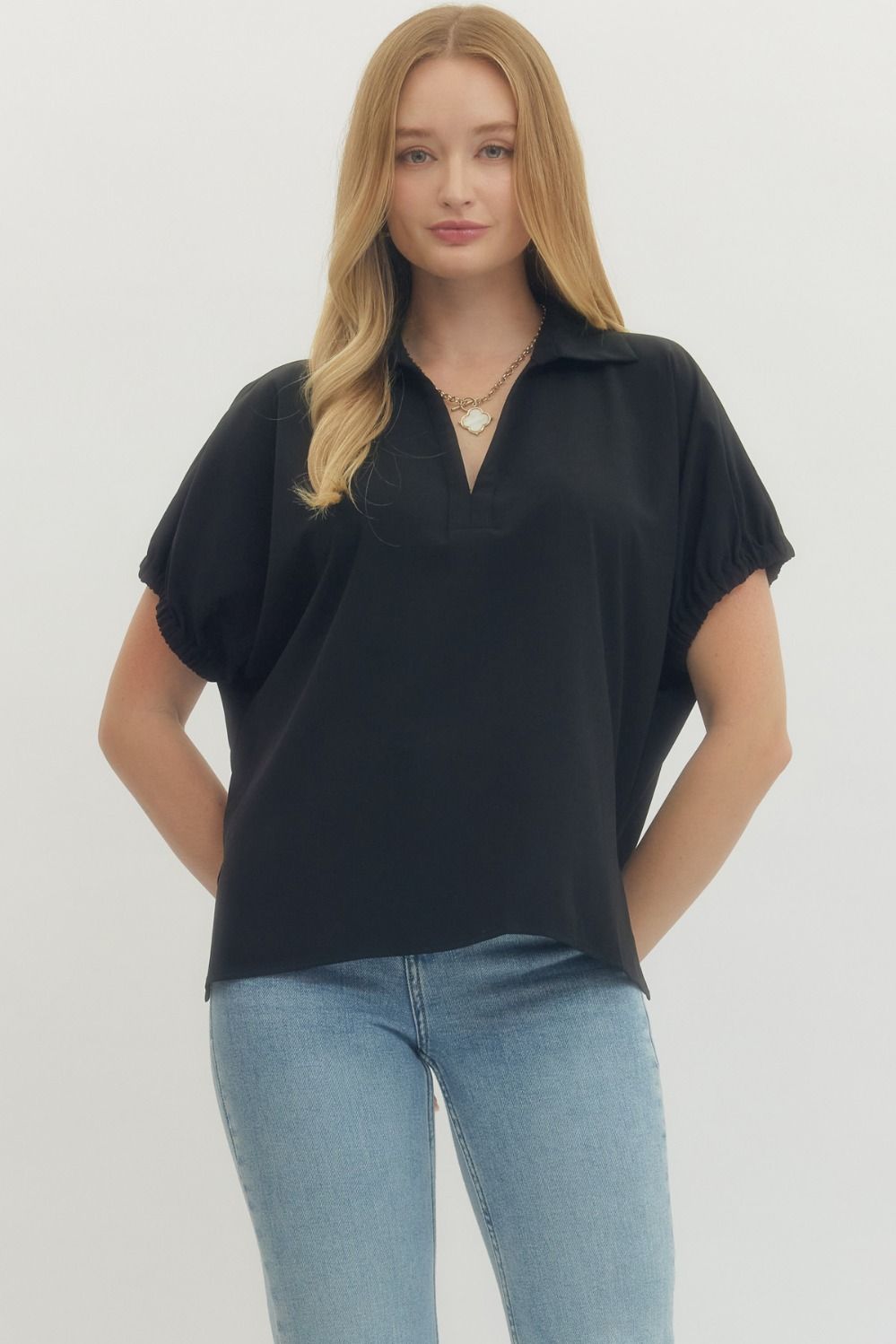 Solid Short Sleeve Split Collar Side Slit Hem Top