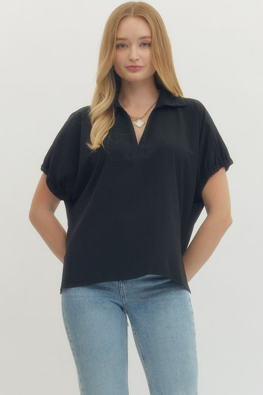 Solid Short Sleeve Split Collar Side Slit Hem Top