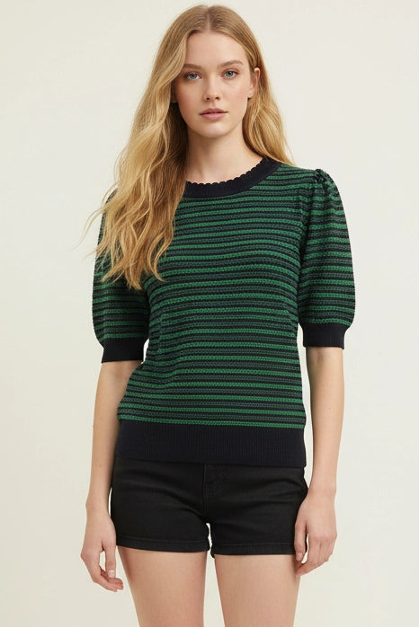 Contrast Scalloped Striped Knit Top