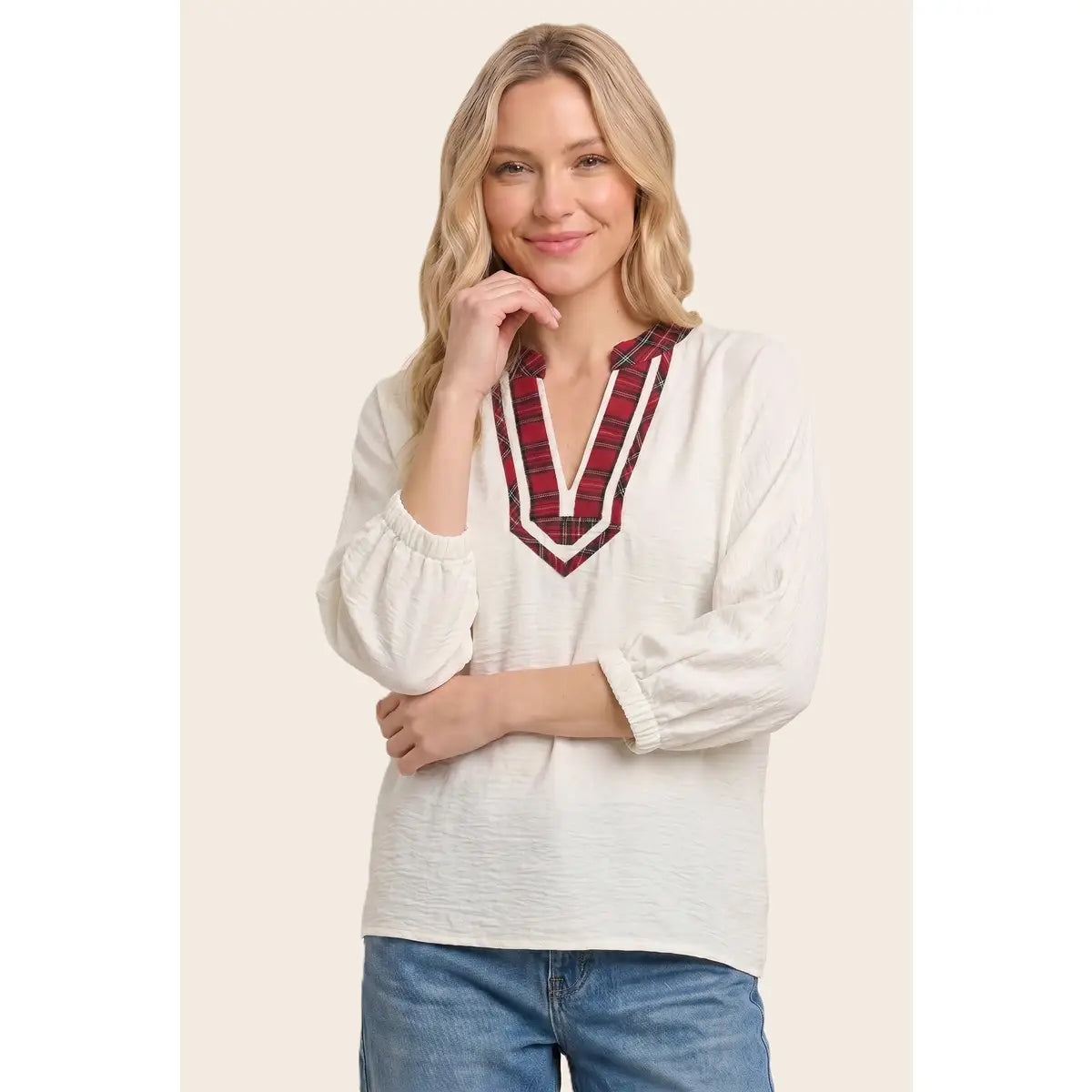 Plaid Accent Dolman Sleeve Woven Top