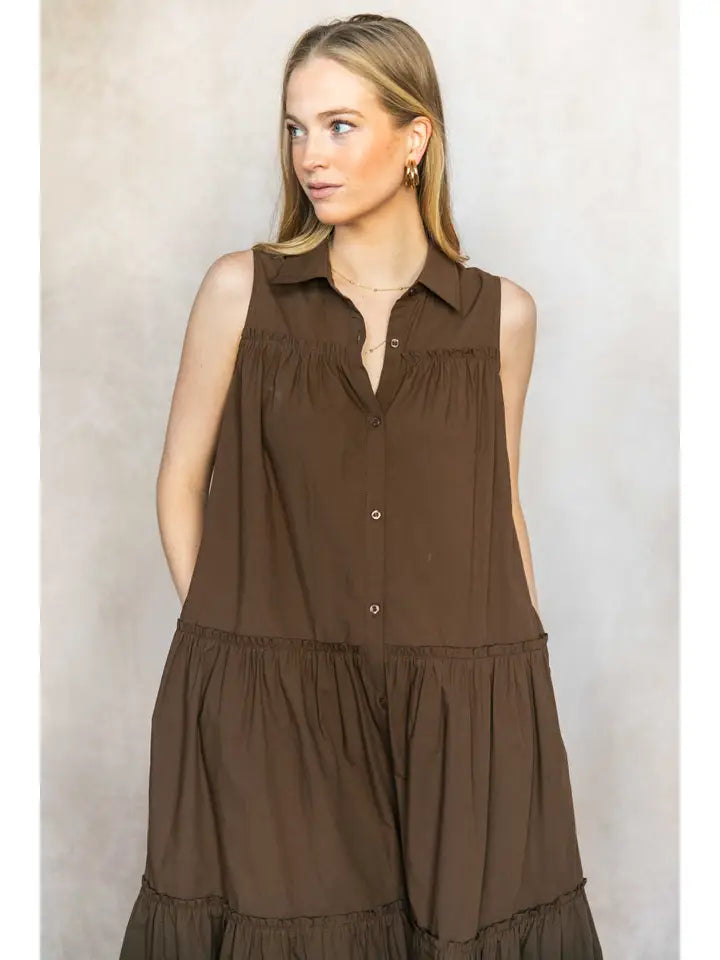 Poplin Sleeveless Button-Down Midi Dress