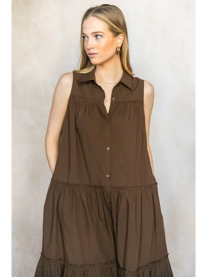 Poplin Sleeveless Button-Down Midi Dress