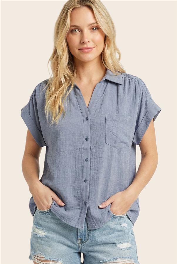 Denim Short Sleeve Button Down Shirt