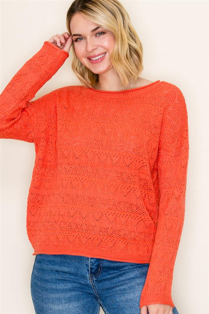 Long Sleeve Wide Neck Crochet Like Sweater