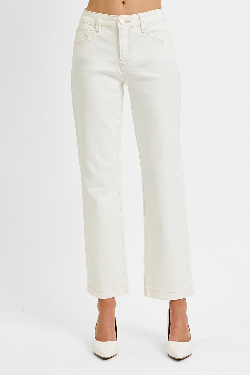 Cream Tummy Control Mid Rise Ankle Straight Jeans