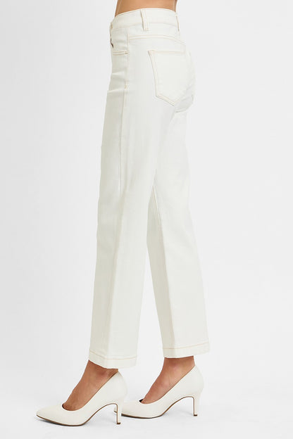 Cream Tummy Control Mid Rise Ankle Straight Jeans