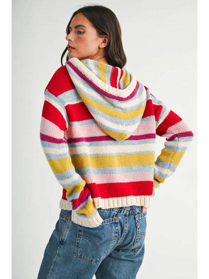 Multi Stripe Knit Hoodie Sweater