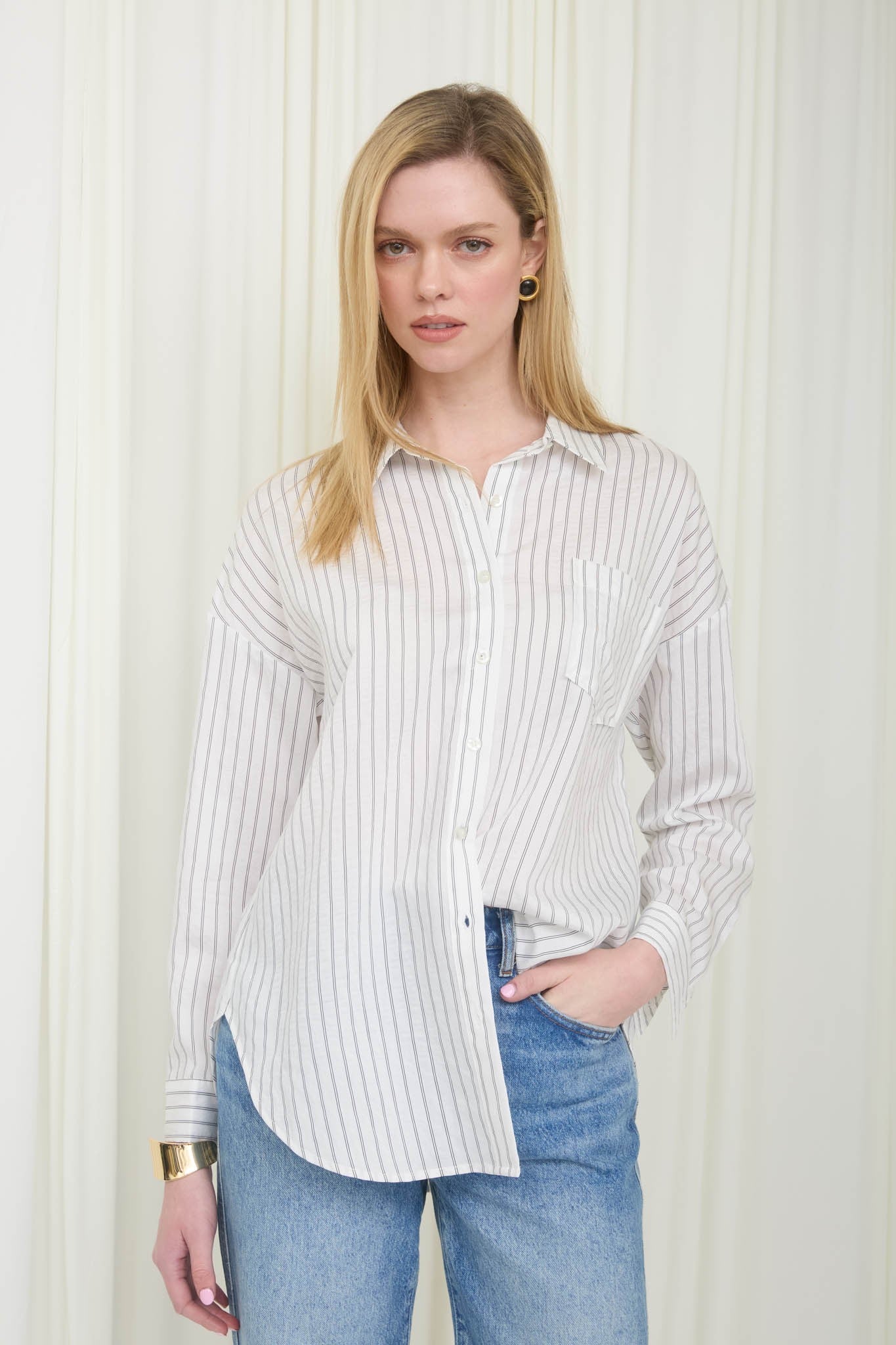 Ivory Striped Collared Long Sleeve Shirt