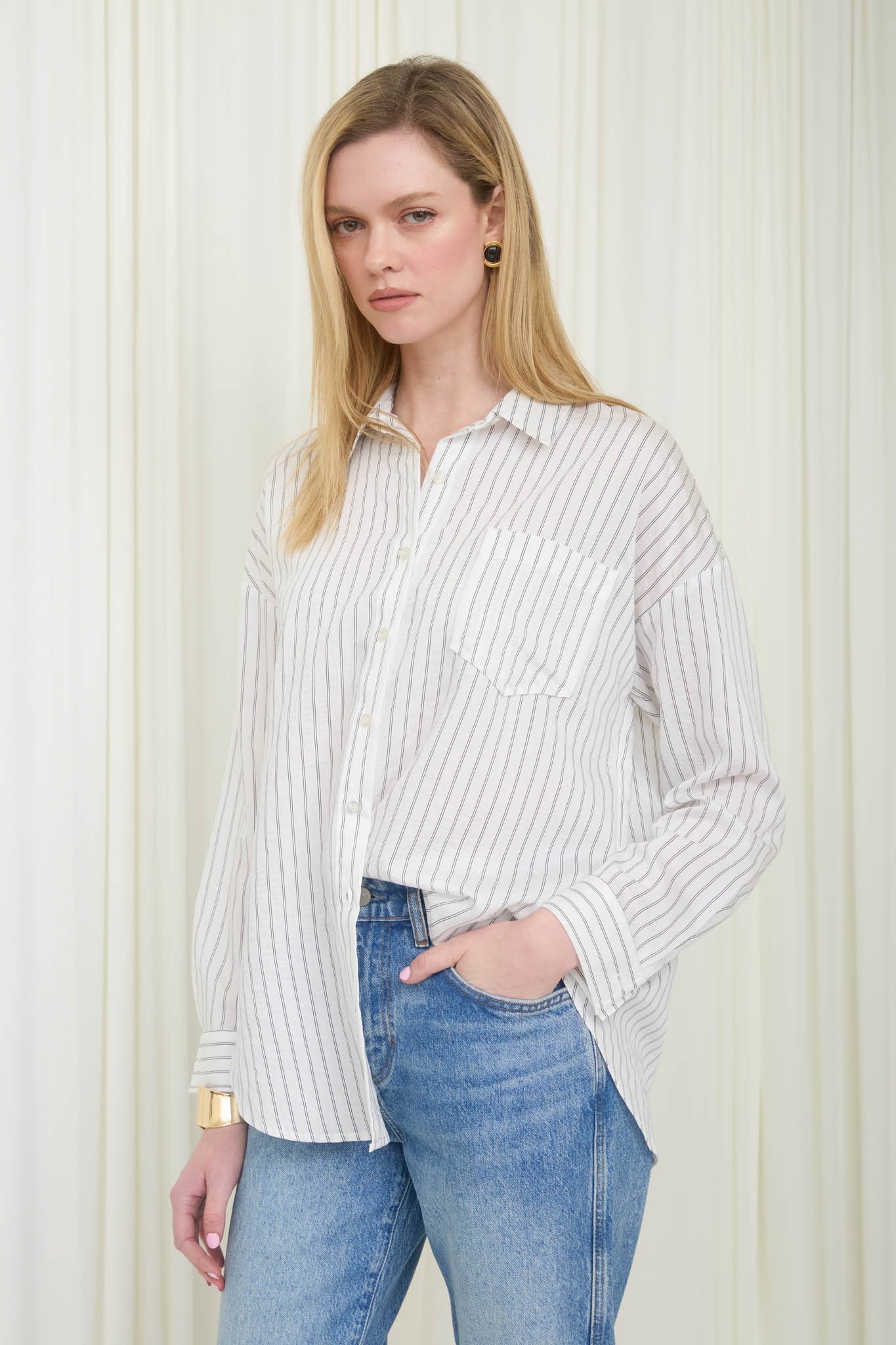 Ivory Striped Collared Long Sleeve Shirt