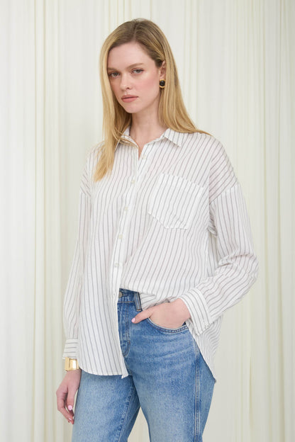 Ivory Striped Collared Long Sleeve Shirt