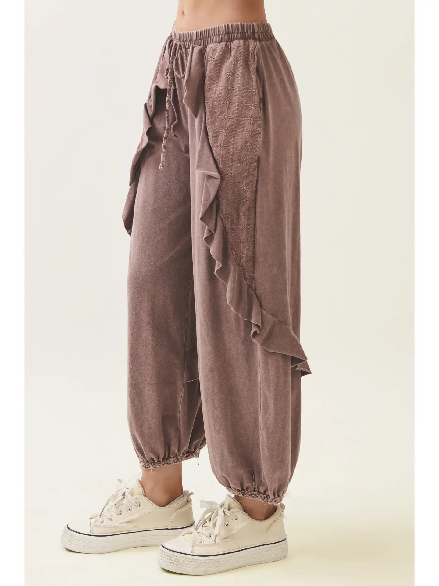 Mineral Washed Eyelet Ruffle Harem Pants