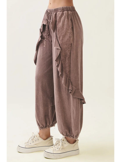 Mineral Washed Eyelet Ruffle Harem Pants