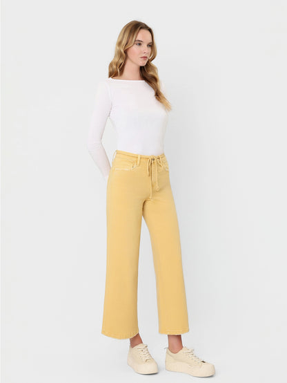 High Rise Drawstring Color Crop Wide Leg Jeans
