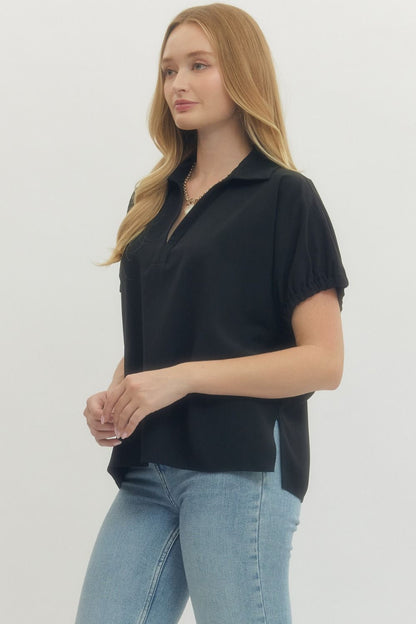 Solid Short Sleeve Split Collar Side Slit Hem Top