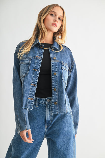 Frayed Hem Utility Denim Jacket