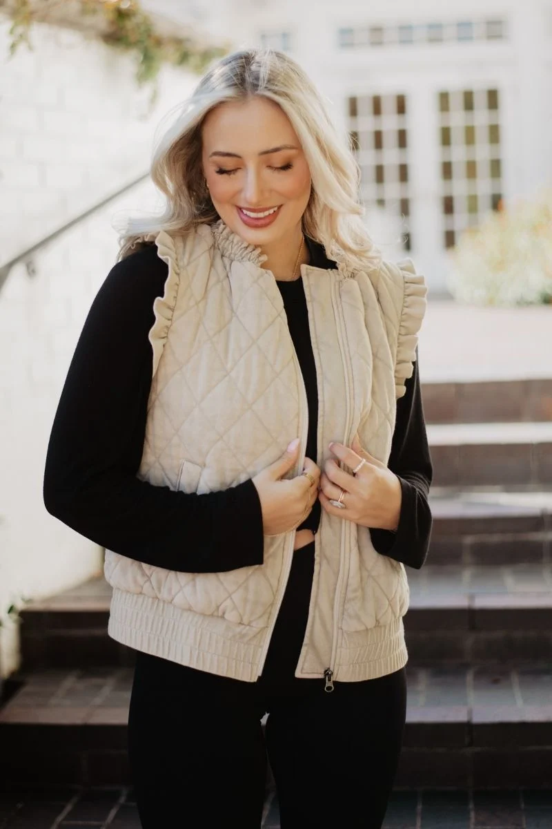Garment Washed Quilted Ruffle Sleeve Vest