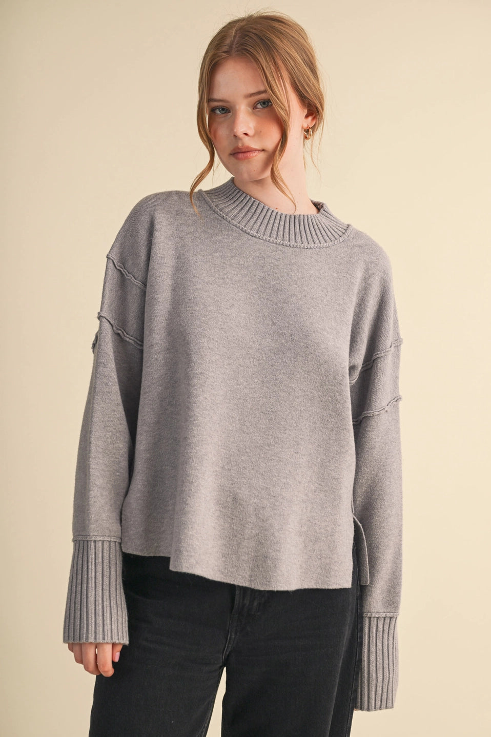 Drop Shoulder Long Sleeve Ribbed Sweater