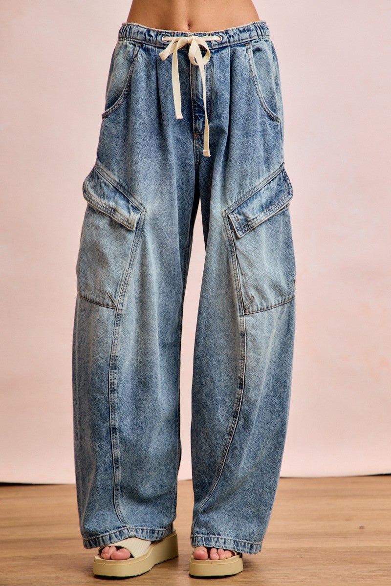 Baggy Barrel Denim Pants with Cargo Pockets