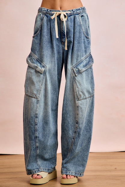 Baggy Barrel Denim Pants with Cargo Pockets