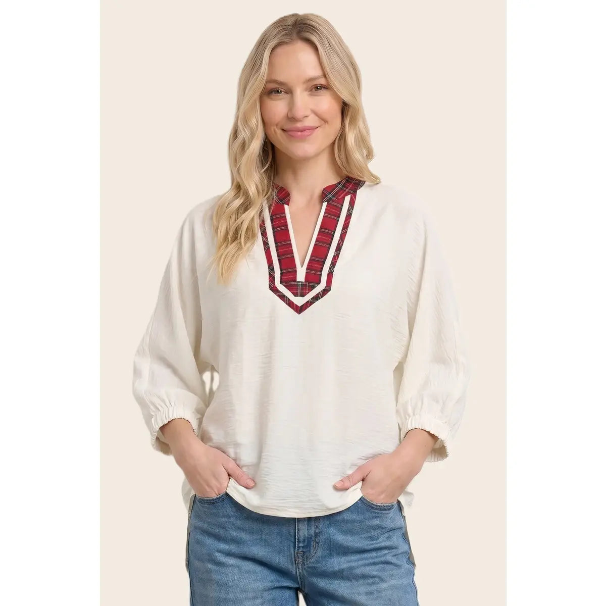 Plaid Accent Dolman Sleeve Woven Top