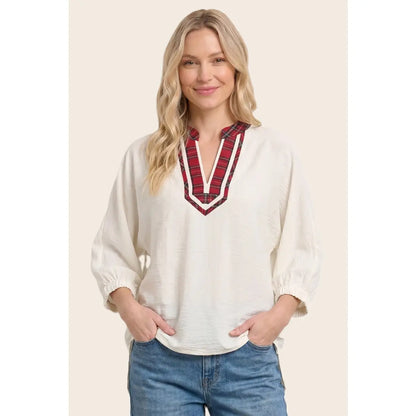 Plaid Accent Dolman Sleeve Woven Top