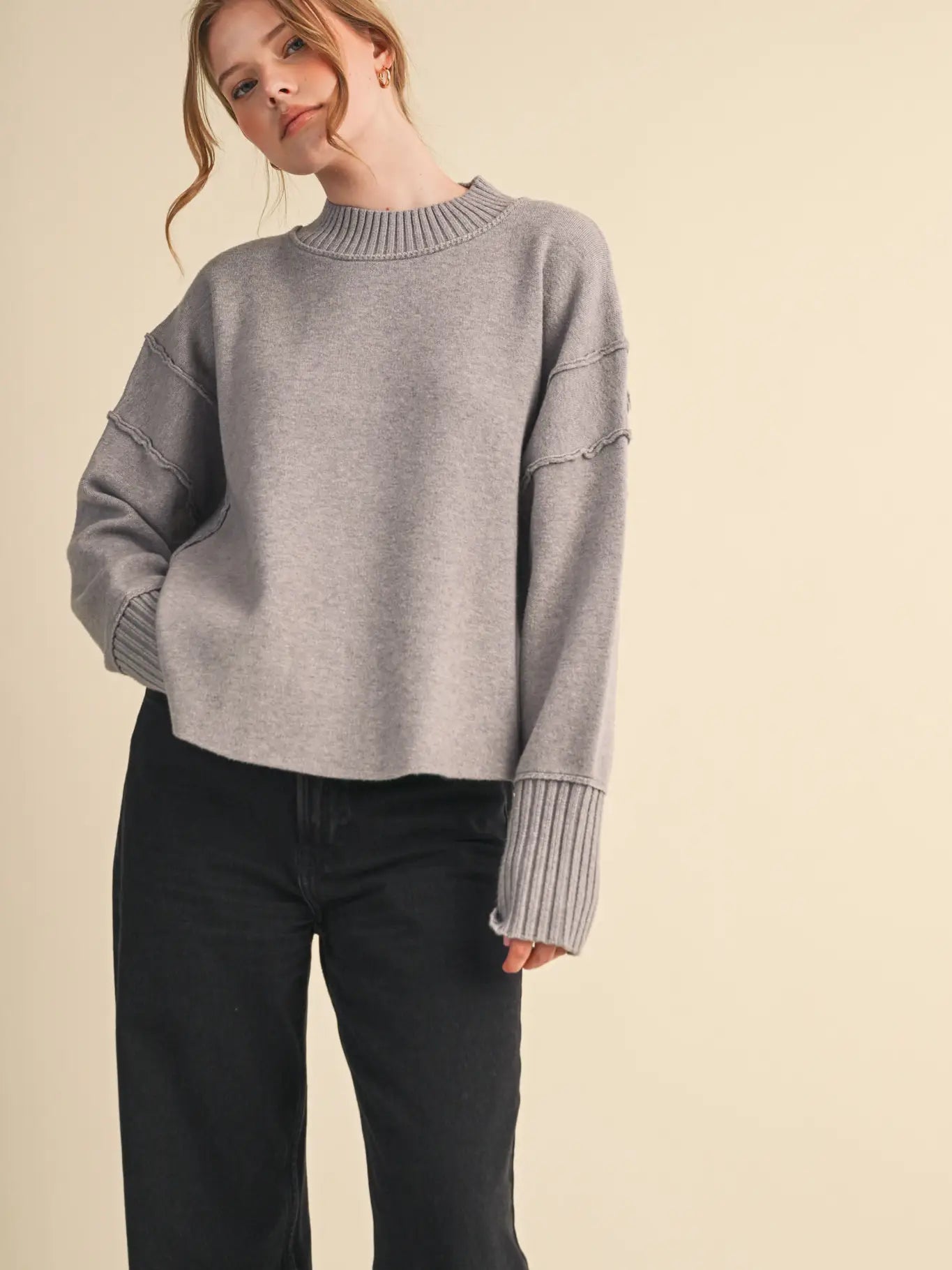 Drop Shoulder Long Sleeve Ribbed Sweater