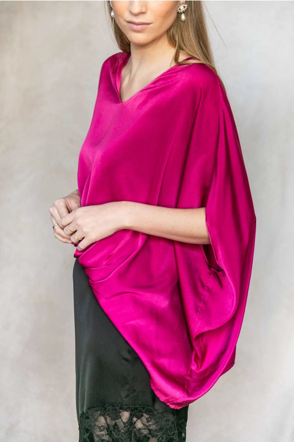 Satin Solid V-Neck Front Waist Elastic Flowy Top