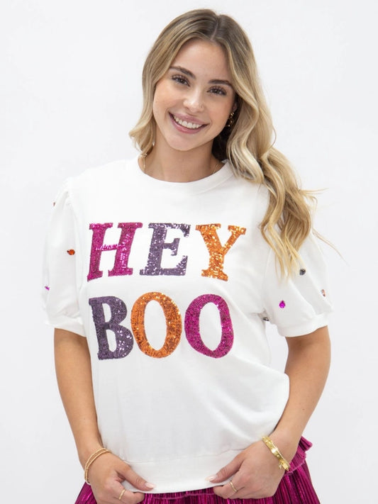 Sequin Hey Boo Puff Sleeve Tee