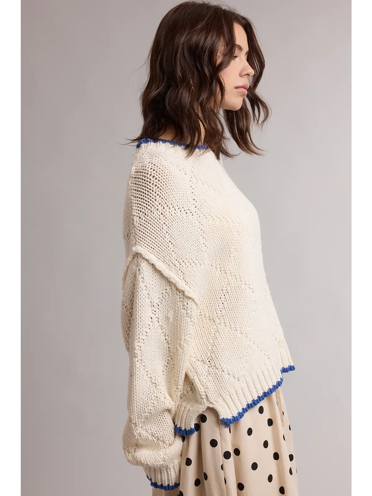 Contrast Trim Pointelle Sweater