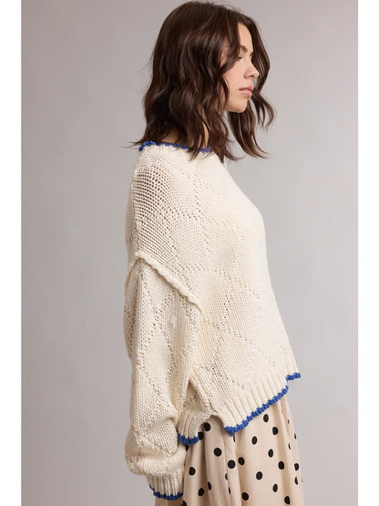 Contrast Trim Pointelle Sweater