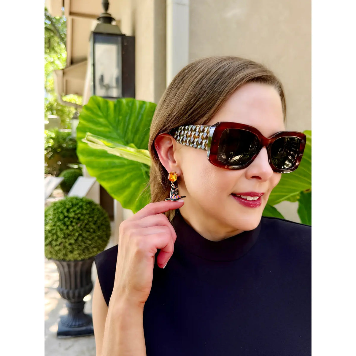 Rhinestone Witch Hat Enamel Drop Earrings