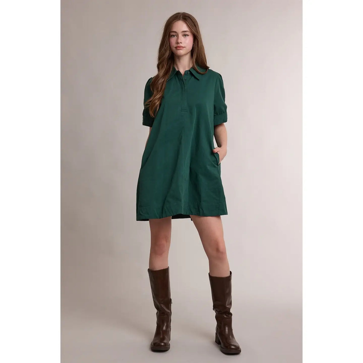 Collared Half Button Mini Shirt Dress