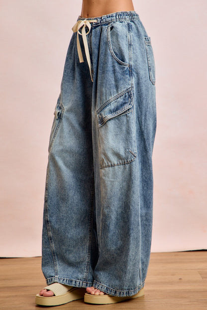 Baggy Barrel Denim Pants with Cargo Pockets