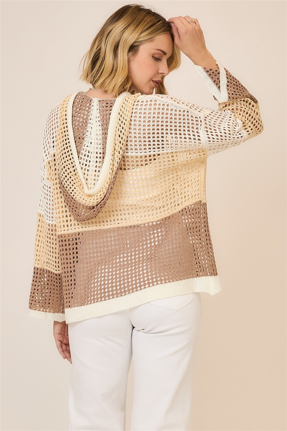 Open Knit Color Block Hood Sweater