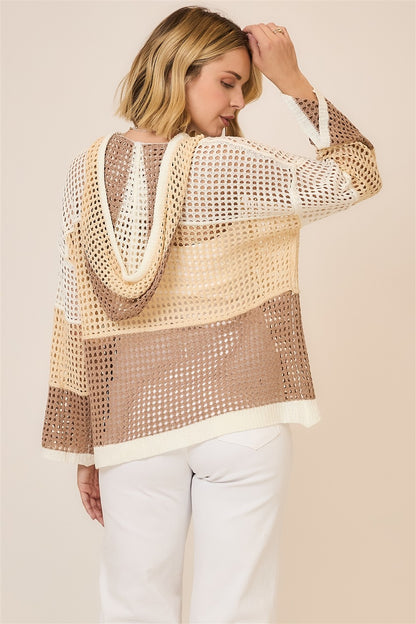 Open Knit Color Block Hood Sweater