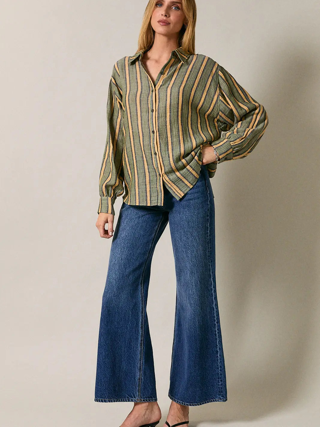 Dolman Long Sleeve Button Down Stripe Shirt
