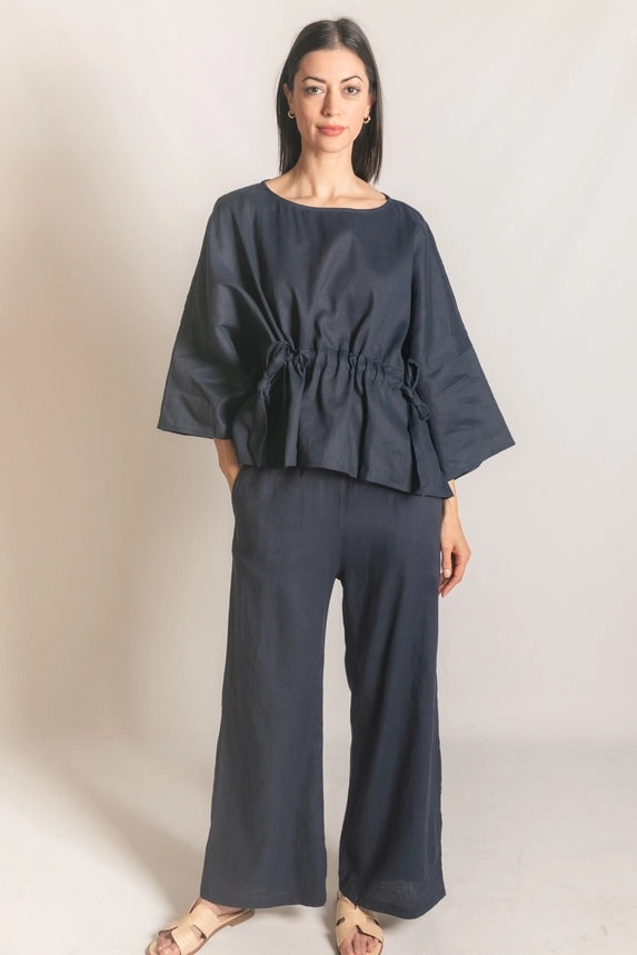 Washed Linen Half Sleeve Waist Tie Top